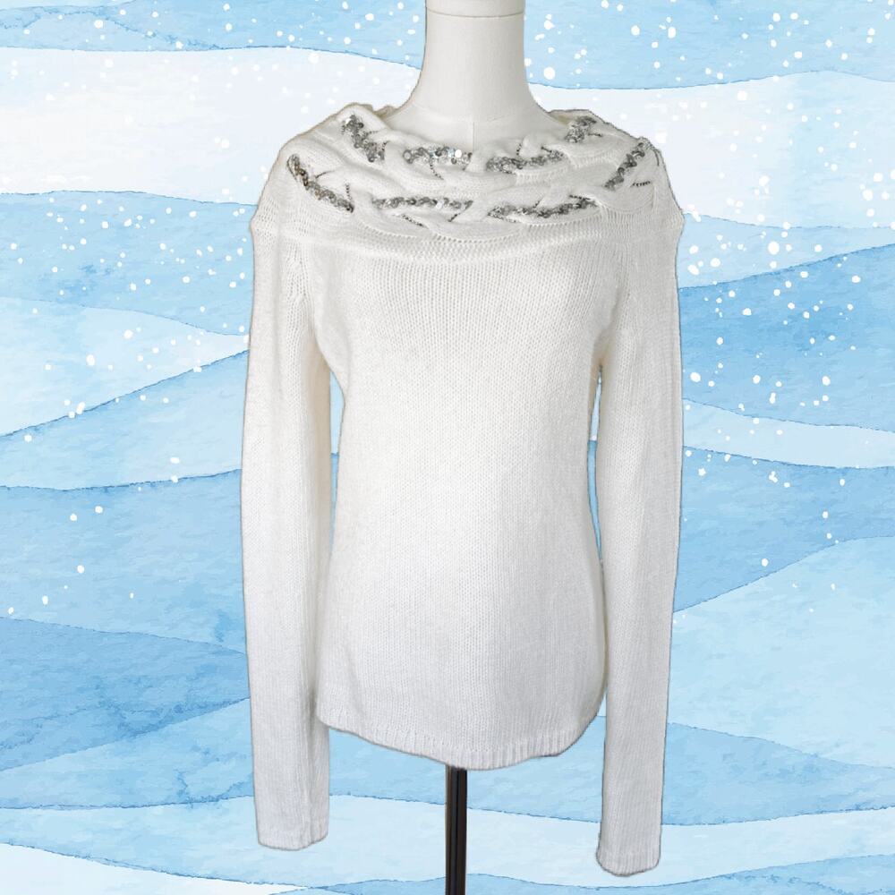 White House Black Market Embellished Mixed Knit Sweater Small Winter White